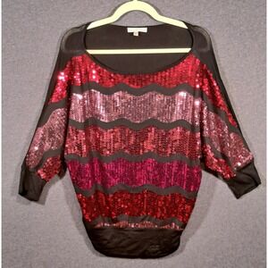Moa Moa Womens Sequin Dolman Top Red Pink Black Wavy Stripe Blouse Small